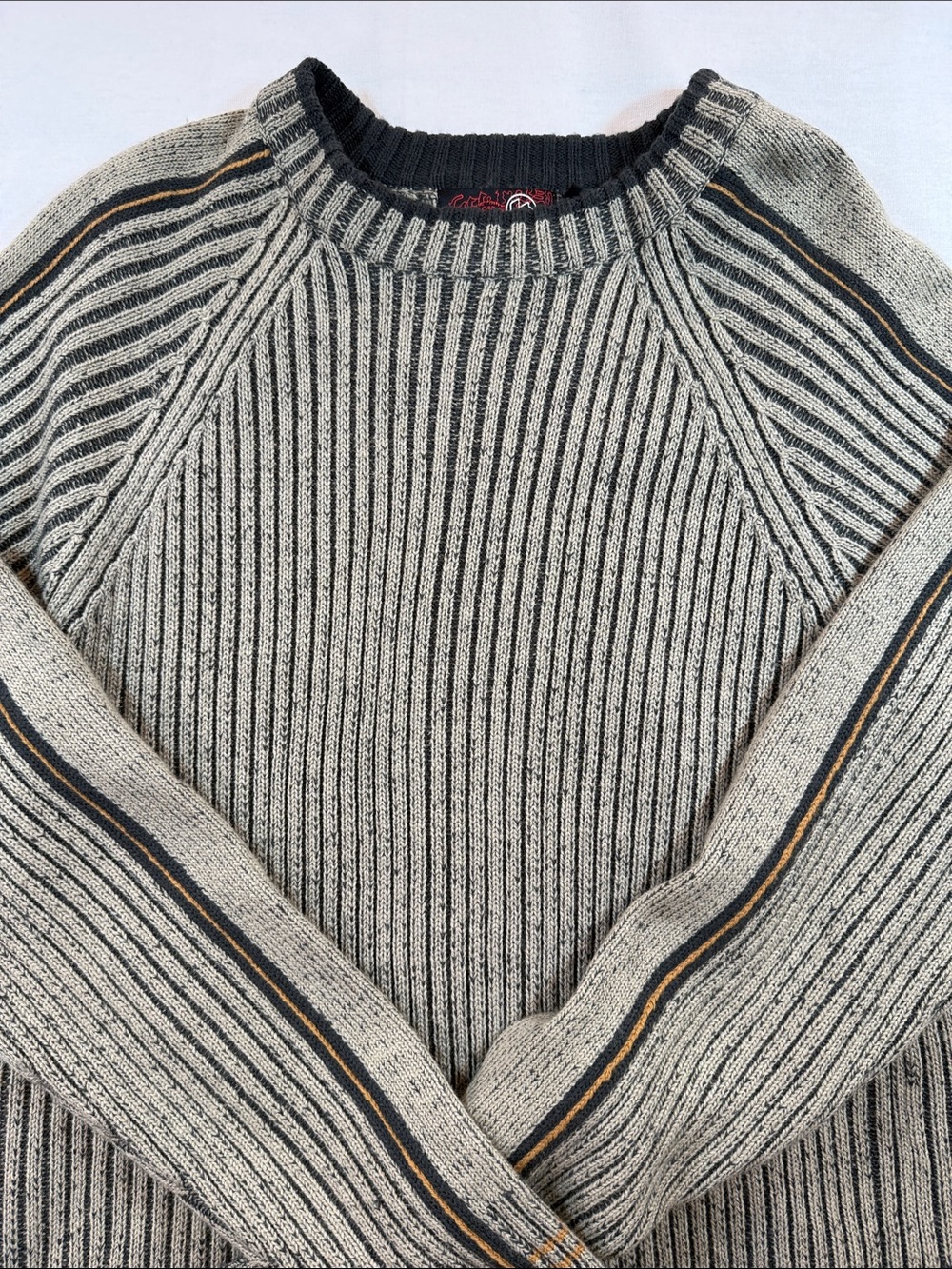 Vintage 90s Burnside Ribbed Knit Crewneck Sweater Striped Gray Black Size L